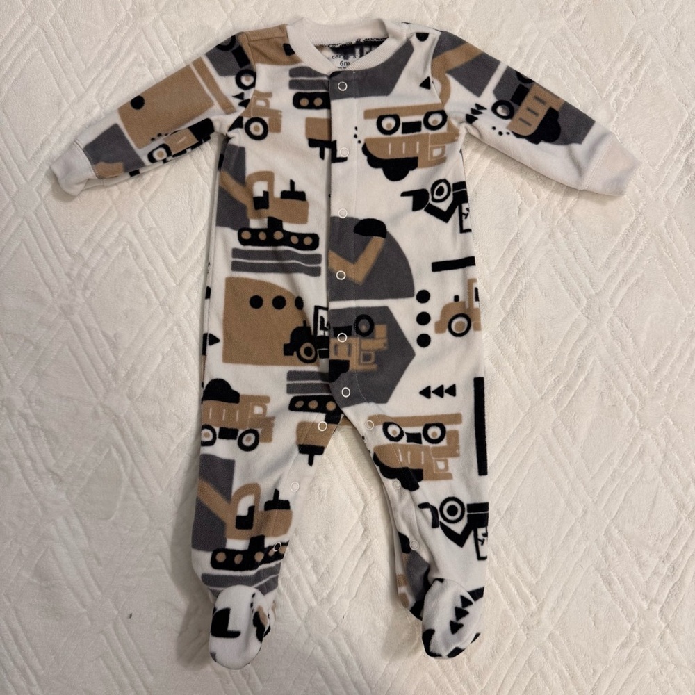 3 for $15 Carter's Brown and Black Construction Print Fleece Footie 6M